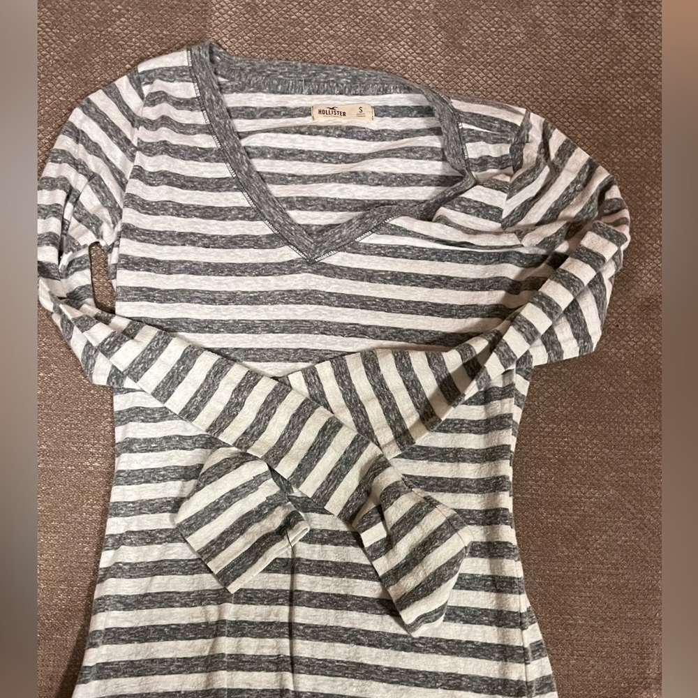 Hollister Gray and White Striped Long Sleeve Tee